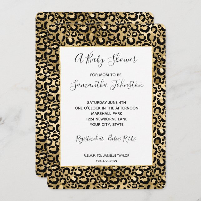 Gold Glam Black Leopard Print Baby Shower Invitation (Front/Back)