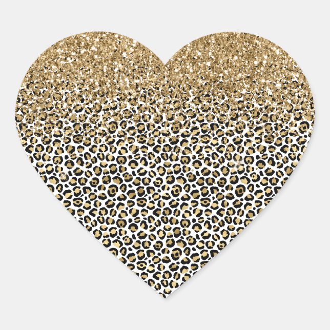 Gold Glam Black Leopard Print Glitter Sparkle Heart Sticker (Front)