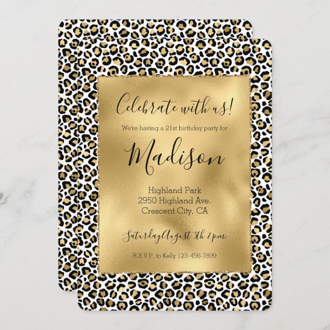 Gold Glam Black Leopard Print Sparkle Invitation (Front/Back)