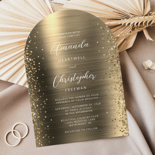 Gold Glam Brushed Metal Glitter Arch Wedding Invitation