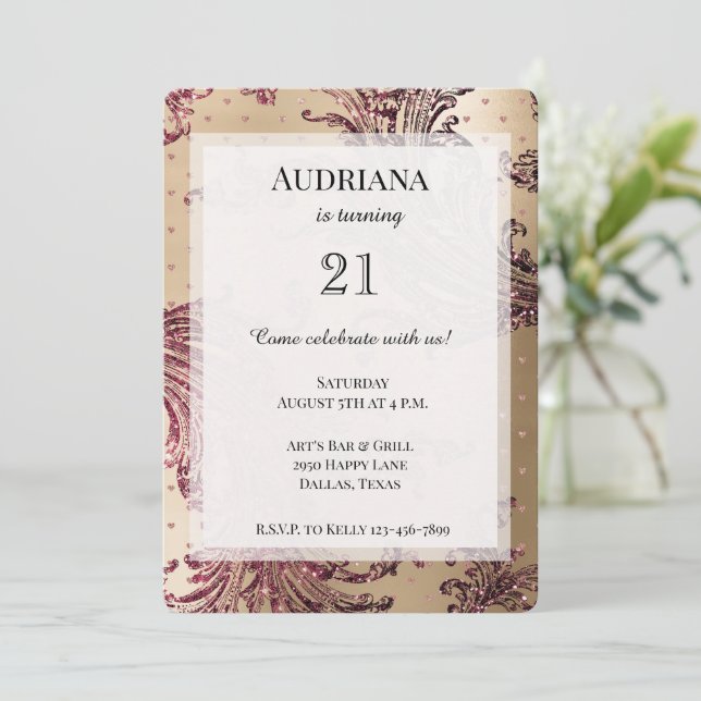 Gold Glam Burgundy Hearts Birthday Invitation (Standing Front)