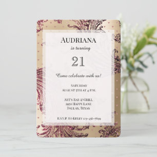 Gold Glam Burgundy Hearts Birthday Invitation