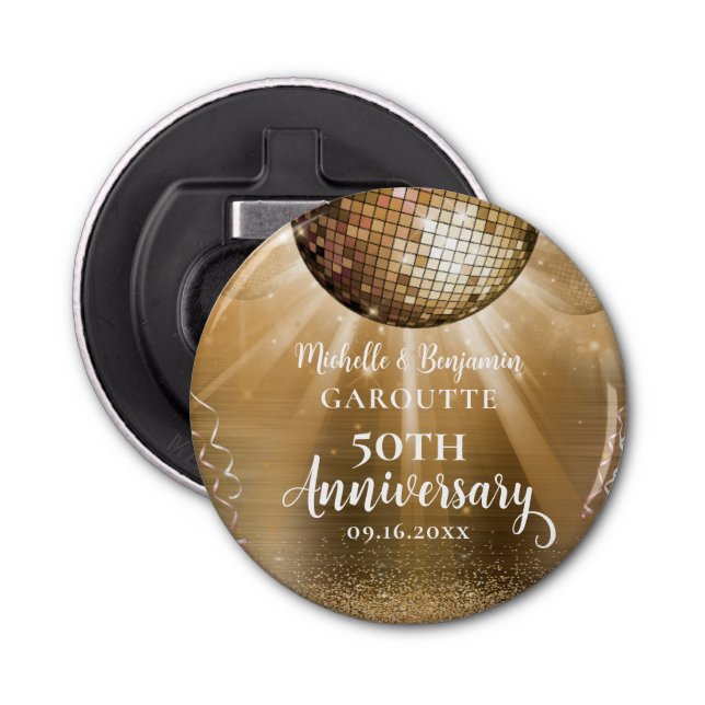 Gold Glam Disco Ball 50th Wedding Anniversary Bottle Opener (Front)
