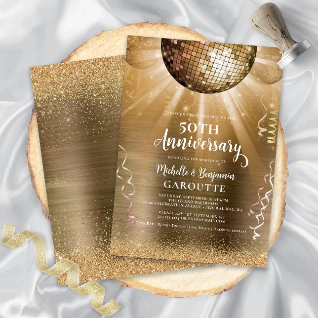 Gold Glam Disco Ball 50th Wedding Anniversary Invitation (Gold Glam Disco Ball 50th Wedding Anniversary Invitation)