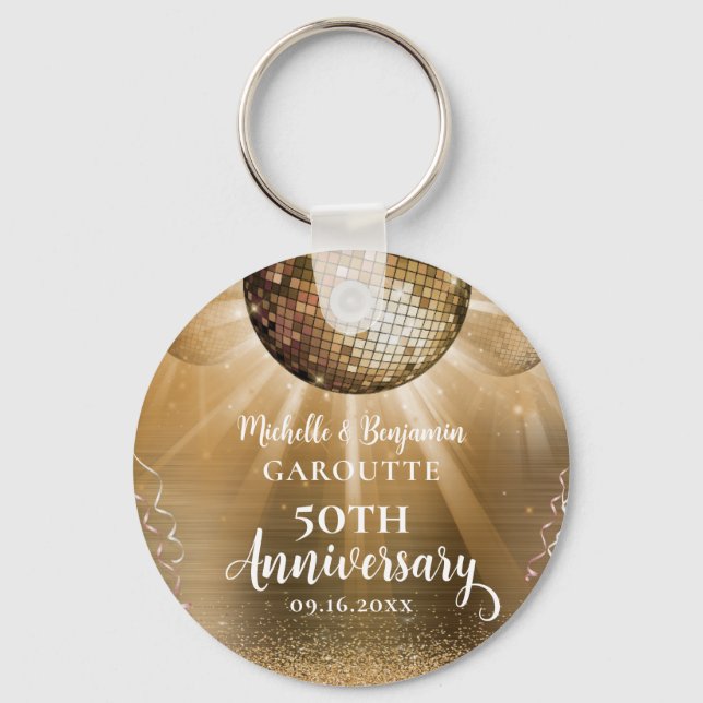 Gold Glam Disco Ball 50th Wedding Anniversary Key Ring (Front)