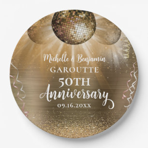 Gold Glam Disco Ball 50th Wedding Anniversary Paper Plate
