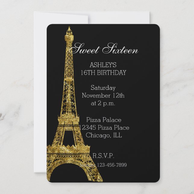 Gold Glam Eiffel Tower Sweet Sixteen Invitation (Back)