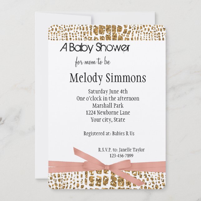 Gold Glam Faux Glitter Alligator Print baby shower Invitation (Back)