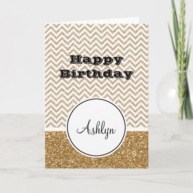 Gold Glam Faux Glitter Chevron Card (Front)