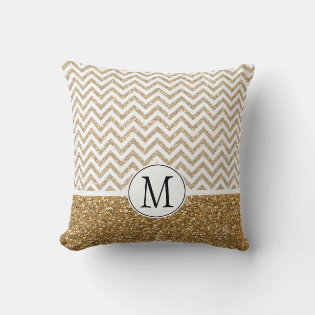 Gold Glam Faux Glitter Chevron Cushion (Front)