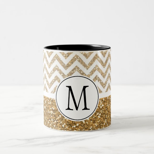 Gold Glam Faux Glitter Chevron Two-Tone Coffee Mug (Center)