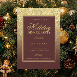 Gold Glam FAUX Glitter Holiday Dinner Burgundy  Invitation