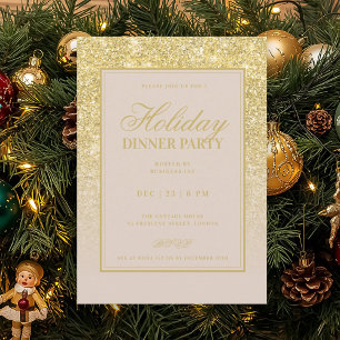 Gold Glam FAUX Glitter Holiday Dinner Champagne  Invitation
