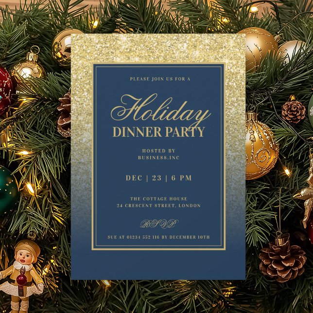 Gold Glam FAUX Glitter Holiday Dinner Navy Blue  Invitation (Gold Glam FAUX Glitter Holiday Dinner Navy Blue Invitation)