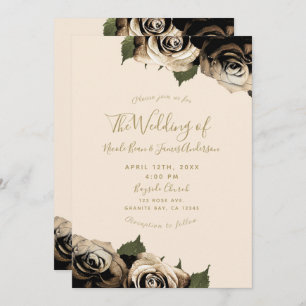 Gold Glam Floral Roses Elegant Ivory Chic Wedding Invitation
