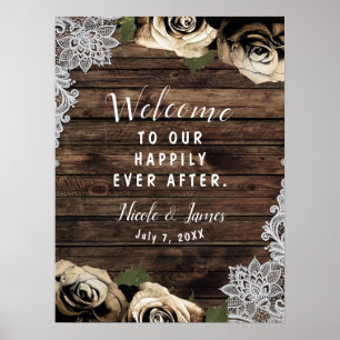 Gold Glam Floral Roses Rustic Wood Lace Wedding Poster