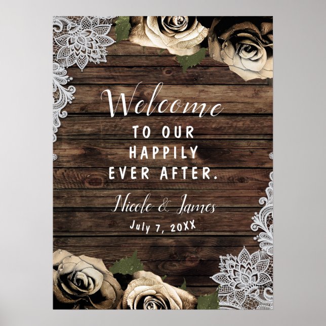 Gold Glam Floral Roses Rustic Wood Lace Wedding Poster (Front)
