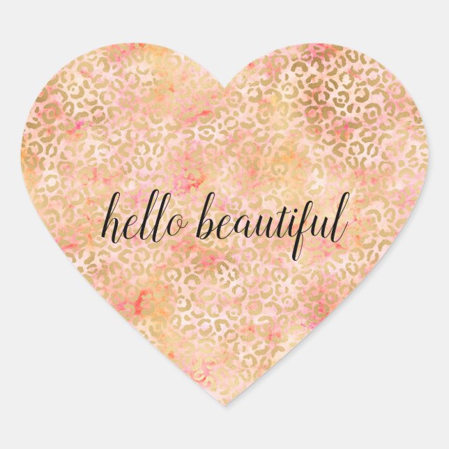 Gold Glam Girly Peach Pink Blush Leopard Print Heart Sticker (Front)