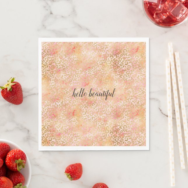 Gold Glam Girly Peach Pink Blush Leopard Print Napkin (Insitu)