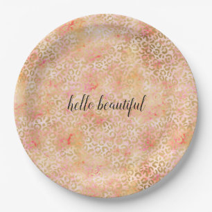 Gold Glam Girly Peach Pink Blush Leopard Print Paper Plate