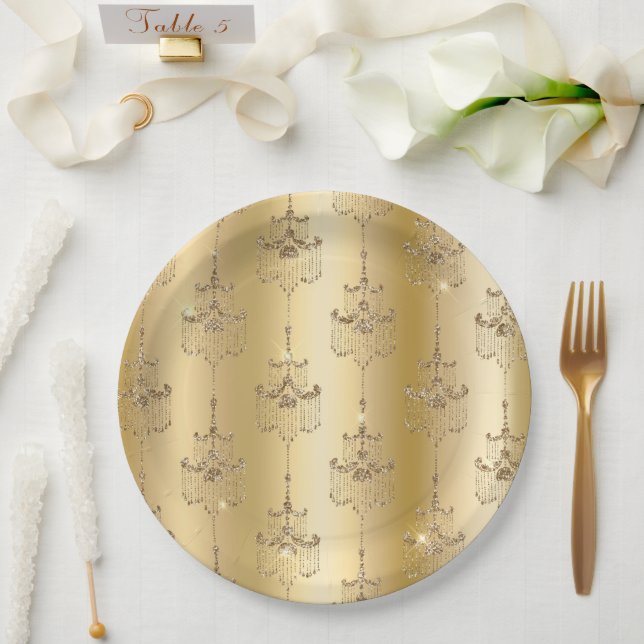 Gold Glam Glitter Chandeliers Paper Plate (Wedding)