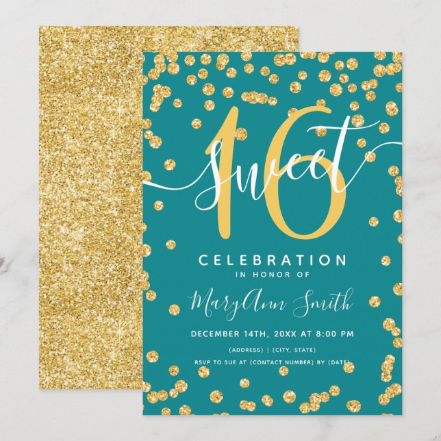 Gold Glam Glitter Confetti 16th Birthday Teal  Invitation (Front/Back)