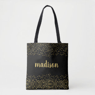 Gold Glam Glitter Confetti Personalised Black Tote Bag