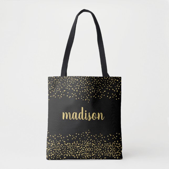 Gold Glam Glitter Confetti | Personalised Black Tote Bag (Front)