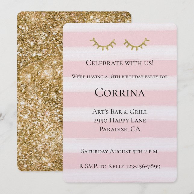 Gold Glam Glitter Eyelashes Stripes Birthday Invitation (Front/Back)