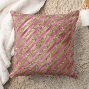 Gold Glam Glitter Girly Pink Stripes Cushion