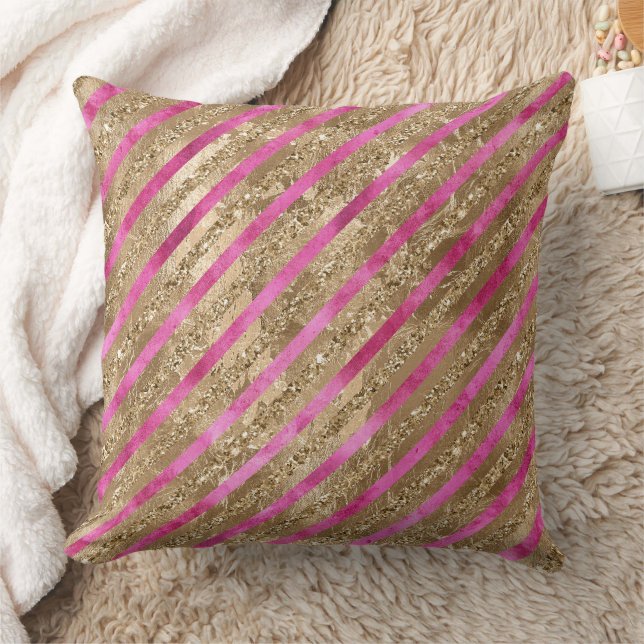 Gold Glam Glitter Girly Pink Stripes Cushion (Blanket)