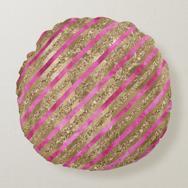 Gold Glam Glitter Girly Pink Stripes Round Cushion (Front)