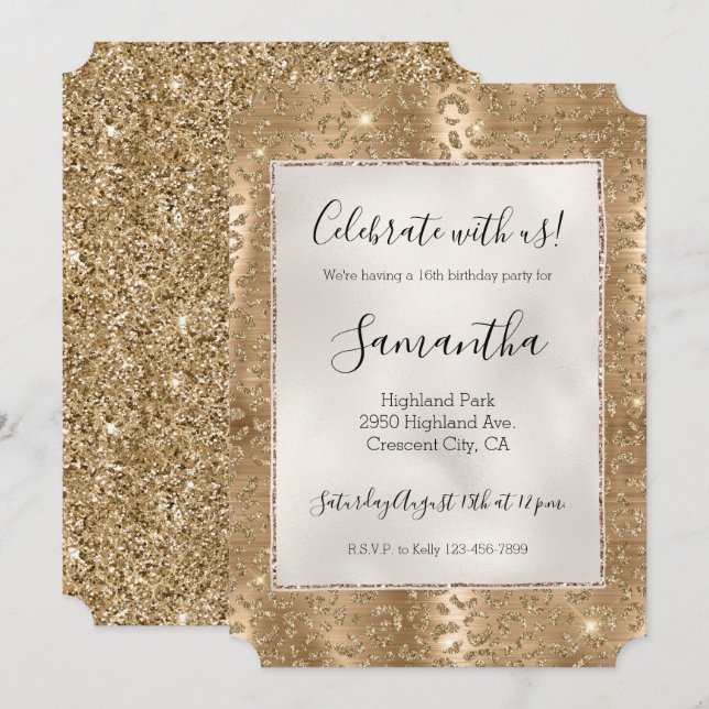 Gold Glam Glitter Leopard Print Invitation (Front/Back)