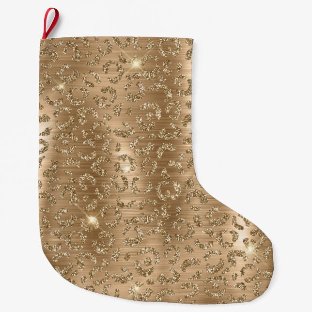 Gold Glam Glitter Leopard Print Large Christmas Stocking (Front)