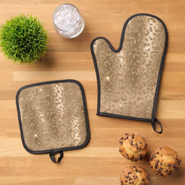 Gold Glam Glitter Leopard Print Oven Mitt & Pot Holder Set (Top Down)