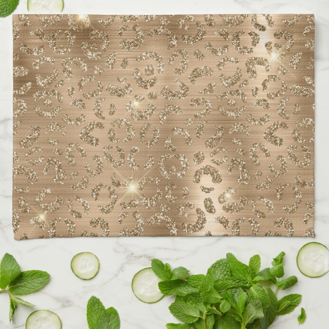 Gold Glam Glitter Leopard Print Tea Towel (Folded)