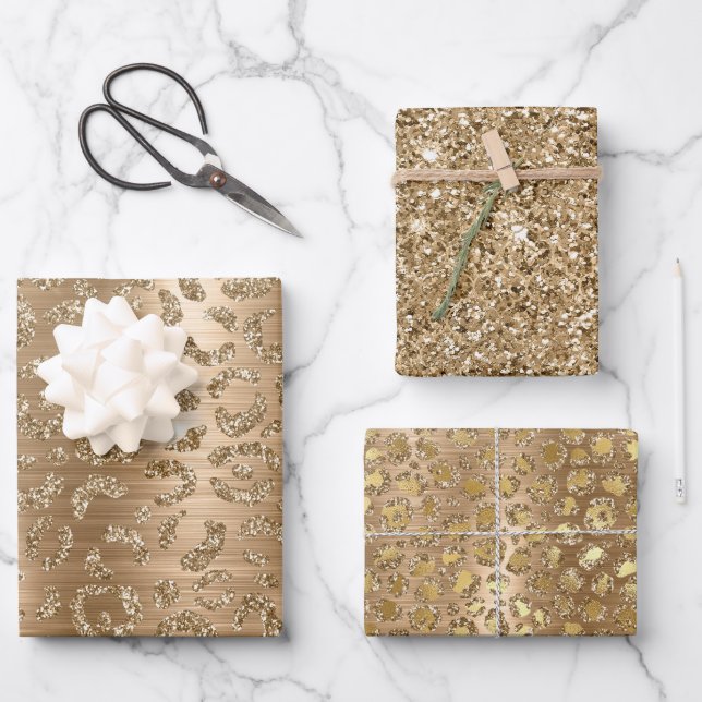 Gold Glam Glitter Leopard Print Wrapping Paper Sheet (Front)