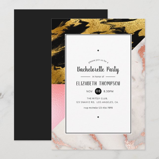Gold Glam Glitter Marble Bachelorette Party Invitation (Front/Back)