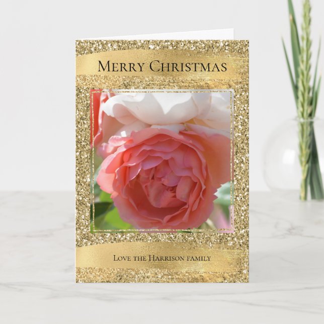 Gold Glam Glitter Personalised Photo   Card (Front)