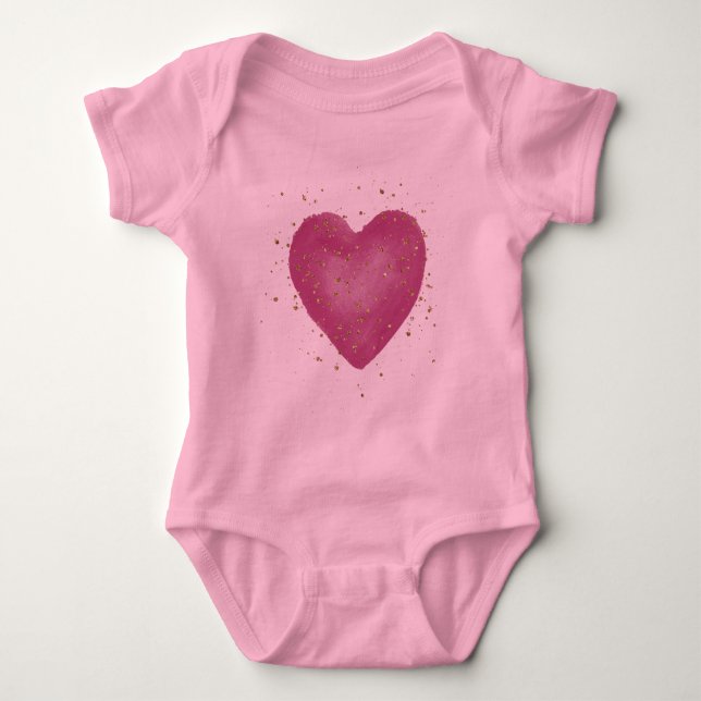 Gold Glam Glitter Pink Heart Baby Bodysuit (Front)