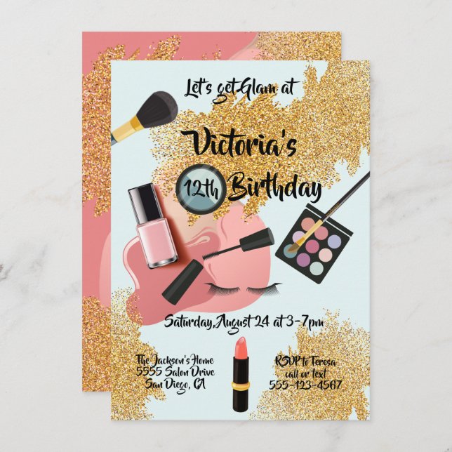Gold Glam glitter Spa Birthday party Invitations (Front/Back)