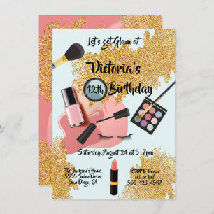 Gold Glam glitter Spa Birthday party Invitations