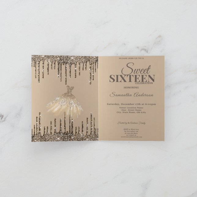 Gold Glam Glitter Spark Sweet 16 Birthday Party Invitation (Inside)