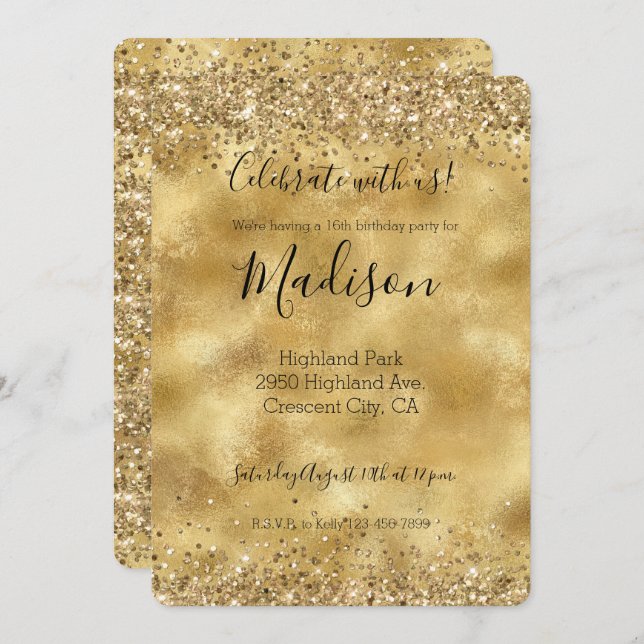 Gold Glam Glitter Sparkle Confetti   Invitation (Front/Back)
