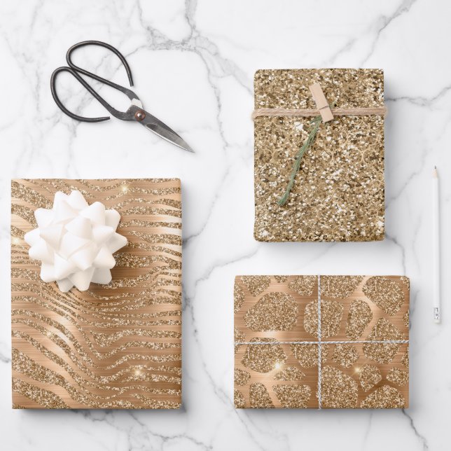Gold Glam Glitter Zebra Print Wrapping Paper Sheet (Front)