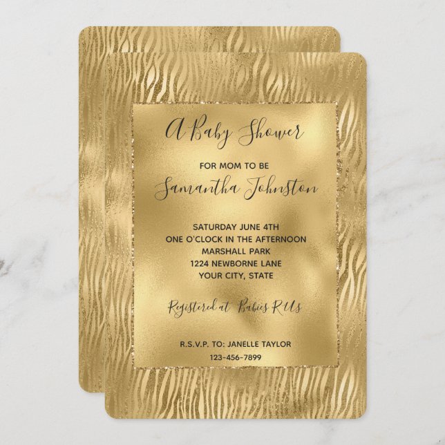 Gold Glam Glitz Zebra Print Baby Shower Invitation (Front/Back)