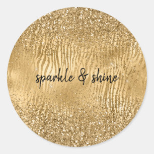 Gold Glam Glitz Zebra Print Faux Glitter Classic Round Sticker