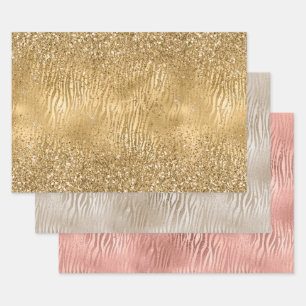 Gold Glam Glitz Zebra Print Faux Glitter Wrapping Paper Sheet
