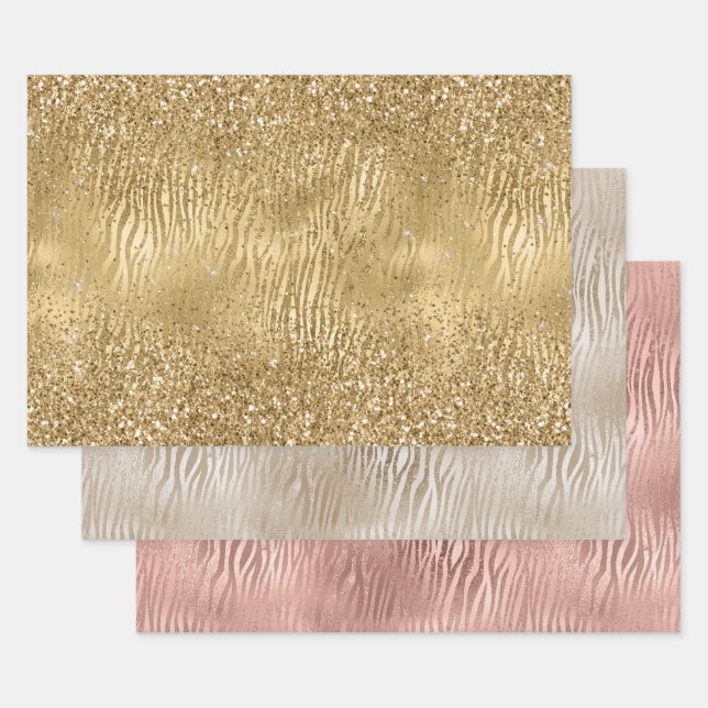 Gold Glam Glitz Zebra Print Faux Glitter Wrapping Paper Sheet (Set)