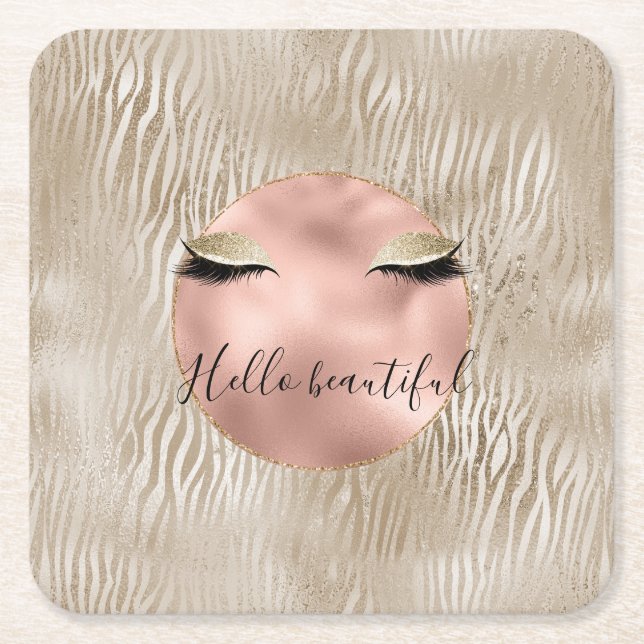 Gold Glam Glitzy Eyelashes Zebra Print Square Paper Coaster (Front)